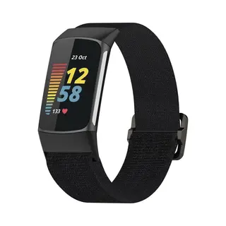 By Qubix - Geschikt Voor Fitbit Charge 5 - Fitbit Charge 6 - Elastisch Nylon Bandje - Zwart - Horlogeband - Smartwatchbandje