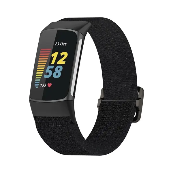 By Qubix - Geschikt Voor Fitbit Charge 5 - Fitbit Charge 6 - Elastisch Nylon Bandje - Zwart - Horlogeband - Smartwatchbandje thumbnail