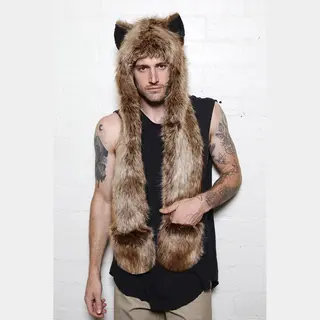 Kimu Hood Bruine Wolf Muts - Sjaal Wanten Oortjes Bruin Bontmuts Spirit Festival