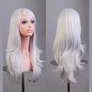 Kimu Luxe Lange Wit Grijze Pruik Met Schuine Pony - Zeemeermin Festival