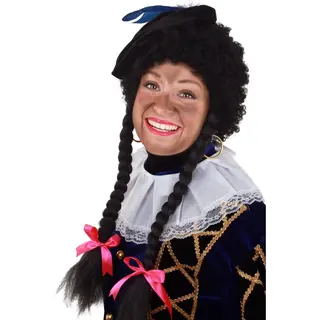 Kimu Pieten Pruik Met Vlechtjes Zwart - Met Gratis 2x Haarnetje - Meisjes Piet Pietenpruik Staartjes Vlechtjes Vrouw Meisje Dames Krulletjes Krullen