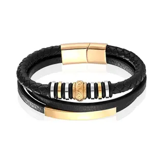 Mendes Jewelry Heren Armband - Zwart Leder Met Bedels En Gouden Sluiting-23cm