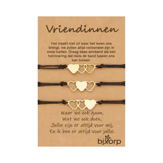 Bixorp Friends Vriendschapsarmbandjes Voor 3 Met Goudkleurige Hartjes Zwart Bandje - Bff ArmbandMeisjes - Best Friends Armband Vriendschap Cadeau Voor