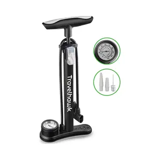 Travelhawk Fietspomp - Dubbele Ventielkop - Bal Pomp - Met Drukmeter - Handig Voor Onderweg Of Op Reis - Inclusief Draagtas - Zwart