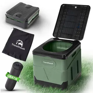 Travelhawk Camping Toilet – Toiletemmer – Draagbaar & Opvouwbaar – Inclusief 12 Biologisch Afbreekbare Zakjes – Ideaal Voor Kamperen,
