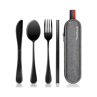 TravelHawk Camping Besteck Edelstahl - 4-Teilig - Reisebesteck Mit Etui, Wiederverwendbar Löffel, Gabeln, Messer Und Essstäbchen,
