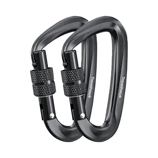 TravelHawk Karabiner Mit Schraubverschluss 2 Stück Schwarz, Karabinerhaken, Robuste Aluminium Karabiner Für Klettern, Camping, Wandern, Reisen,