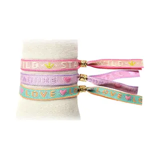 Principessa Set Van 3 Trendy Festival Lint Armbandjes Met Tekstlint - Tekst, Stay Wild, J’adore, Love - Kleur, Lichtroze, Lila, Turquoise