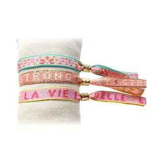 Principessa Set Van 3 Trendy Festival Lint Armbandjes Met Tekstlint - Tekst, Flora, Stay Strong, La Vie Est Belle - Kleur, Ivoor, Lichtroze, Peach