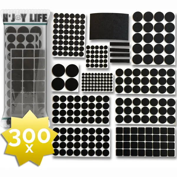 300x N'Joy Life Premium Viltjes Stoelpoten - Zwart - Zelfklevend Anti Kras Meubelvilt Voor Meubels - 300 Stuks - Rond En Vierkant - Zelfklevende thumbnail