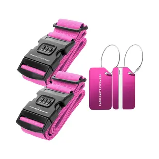 Kofferset 4 Delig – Kofferriem Met Cijferslot – Aluminium Bagagelabels – Bagageriem – Kofferlabels – Roze – Thousandtravelmiles