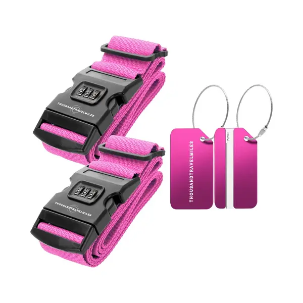 Kofferset 4 Delig – Kofferriem Met Cijferslot – Aluminium Bagagelabels – Bagageriem – Kofferlabels – Roze – Thousandtravelmiles thumbnail