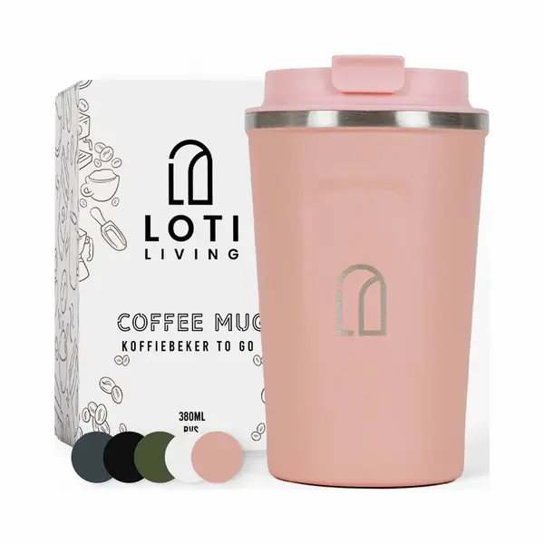 Loti Living Koffiebeker To Go – Thermosbeker - Koffiebeker Onderweg – Theebeker – Travel Mug - 380ml – Roze thumbnail