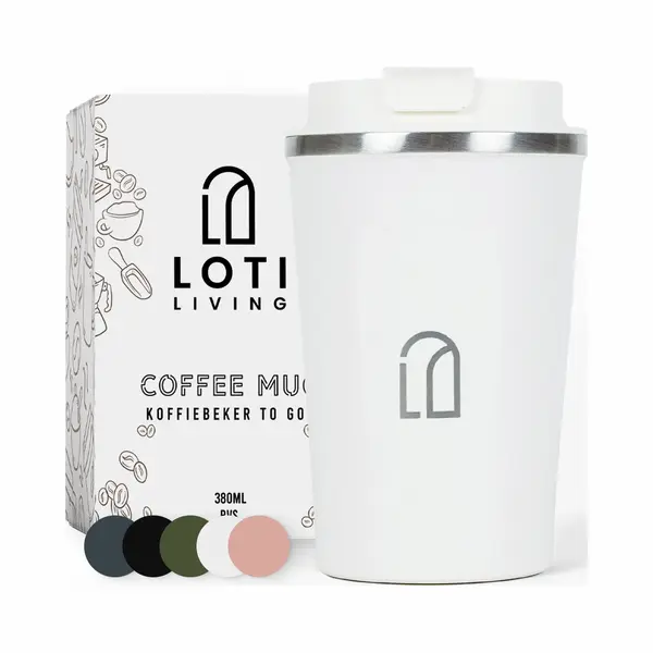 Loti Living Koffiebeker To Go – Thermosbeker - Koffiebeker Onderweg – Theebeker – Travel Mug - 380ml – Wit thumbnail