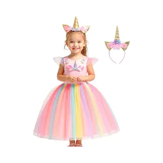 Joyakids Joya Kids® Roze Eenhoorn Verkleed Jurk | Unicorn Jurk Kostuum | Prinsessen Jurk Verkleedjurk + Haarband | Maat 116-122 (120) | Cadeau Meisje
