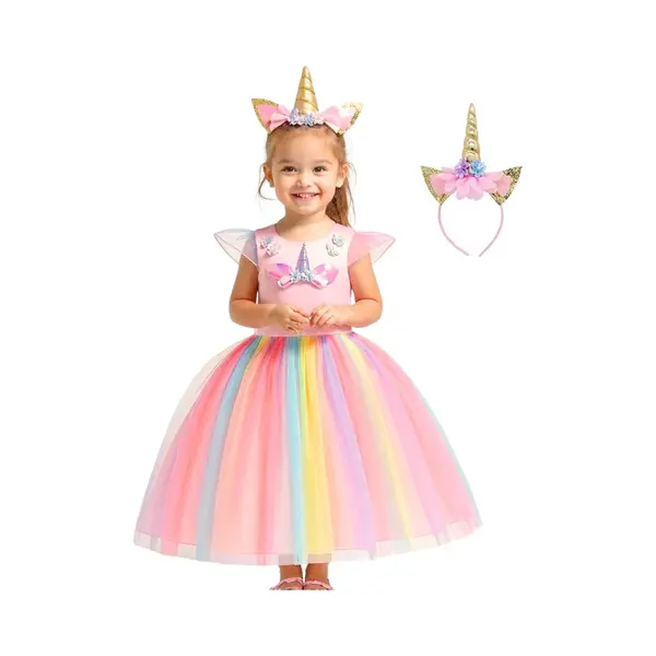 Joyakids Joya Kids® Roze Eenhoorn Verkleed Jurk | Unicorn Jurk Kostuum | Prinsessen Jurk Verkleedjurk + Haarband | Maat 116-122 (120) | Cadeau Meisje thumbnail