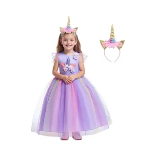 Joyakids Joya Kids® Paarse Eenhoorn Verkleed Jurk Set | Unicorn Jurk Kostuum | Prinsessen Jurk Verkleedjurk + Haarband | Maat 116-122 (120) | Cadeau Meisje