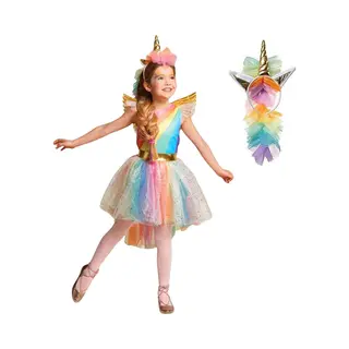 Joyakids Joya Kids® Regenboog Eenhoorn Verkleed Jurk Set | Unicorn Jurk Kostuum | Prinsessen Jurk Verkleedjurk + Haarband | Maat 104-110 - S | Cadeau Meisje