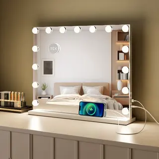 Royals Hollywood Spiegel 58x46CM - 15x Led Lampen - Usb + Usb-C Oplaadpoort - 10x Vergroting - 3 Lichtstanden - Dimbaar - Smart Touch - Hollywood