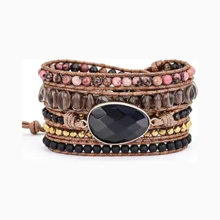 Marama - Wikkelarmband Black Onyx - Dames Armband - Edelsteen - Vegan - 90 Cm - Goud - One Size Fits All