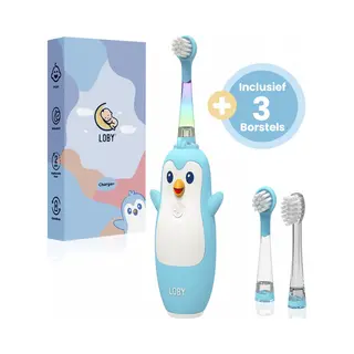 Loby Pïnguin - Elektrische Tandenborstel Kind - Baby Tandenborstel - Oplaadbaar - Smart Timer - 0-6 Jaar - Inclusief 3 Opzetborstels - Blauw