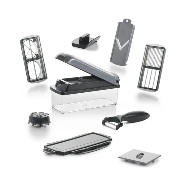 Genius Nicer Dicer Plus - Keukenmandoline - Multifunctionele Groentesnijder - Uiensnijder - Rvs Messen - Incl. Opvangbak - 12-delig - Grijs thumbnail