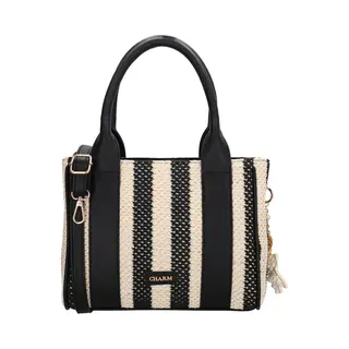 Charm London Capri Handtas - Schoudertas - Rietlook - Gestreept - Bag Charm - Dames Tas - Zwart.