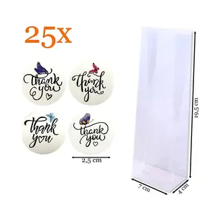 Prigta - Cadeauzakjes Transparant + Sluitstickers Thank You Met Vlinders – 25 Stuks – 7x4x19, 5 Cm – Feestelijke Blokbodemzakjes