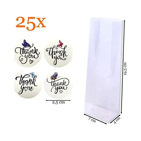 Prigta - Cadeauzakjes Transparant + Sluitstickers Thank You Met Vlinders – 25 Stuks – 7x4x19, 5 Cm – Feestelijke Blokbodemzakjes thumbnail