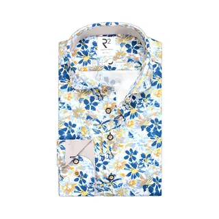 R2 Amsterdam R2 Overhemd Knitted Bloemenprint Blauw - Maat 38 - Heren - Overhemden Casual