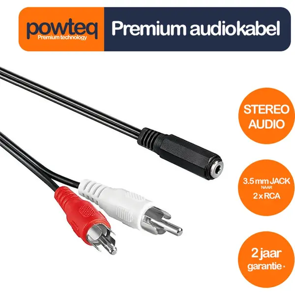 Powteq - 140 Cm Premium Audiokabel - 2x Rca Naar 3.5 Mm Jack (hoofdtelefoonaansluiting) - Stereo thumbnail