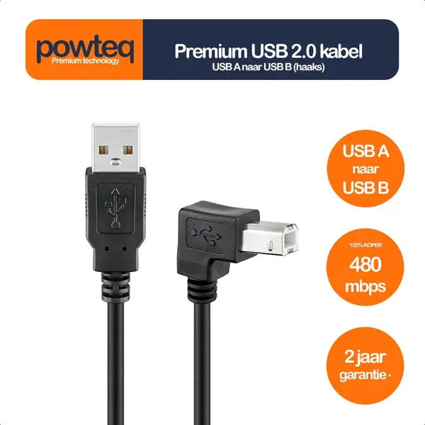 Powteq - Haakse 50 Cm Premium Usb 2.0 Kabel - Usb A Naar Usb B - Haakse Usb B Stekker - Printerkabel thumbnail