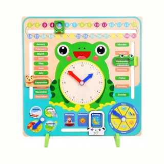 Buxibo - Kleurrijke Houten Leerklok Kikker - Speelgoedklok - Kalenderklok - Oefenklok - Educatief Speelgoed - Leerhulpmiddel - Multicolor