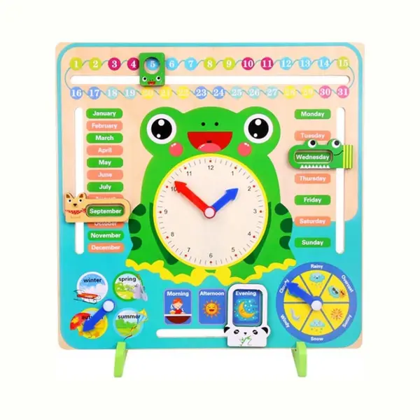 Buxibo - Kleurrijke Houten Leerklok Kikker - Speelgoedklok - Kalenderklok - Oefenklok - Educatief Speelgoed - Leerhulpmiddel - Multicolor thumbnail