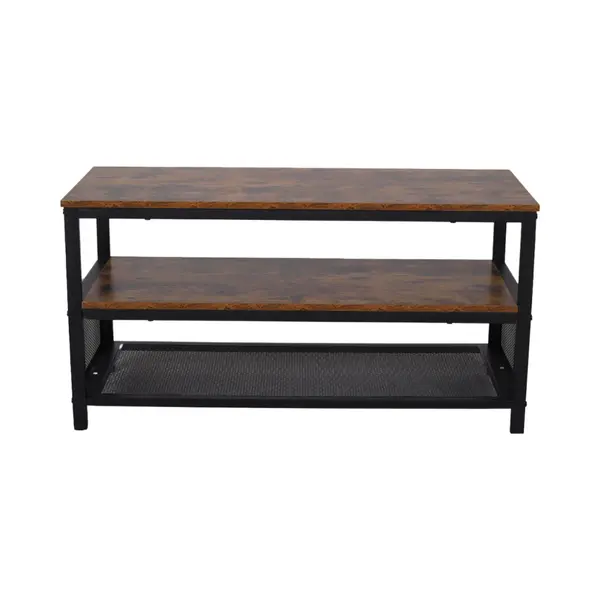 SensaHome - Nordic Antiek Houten Tv Meubel/Schoenenbank - Drielaags Plank Met Net - Klassiek En Elegant - 100x40x52cm - Bruin thumbnail