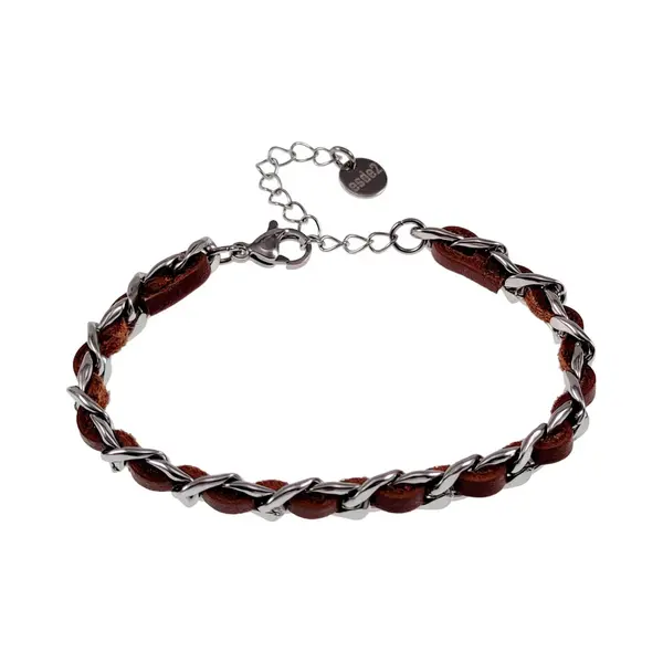 esde2 18cm Tot 23, 5cm X 7mm Cubaanse Armband Dames - Rvs Zilverkleur - Schakelsarmband Met Bruin Leer - Verstelbaar thumbnail