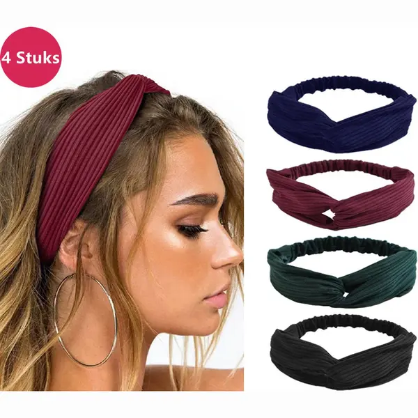 Lixin Set Van 4 Stuks - Dames Haarbanden - Kleur 9 - Knoop Cross Knitted Haarbanden - Dames - Haarband Volwassenen - Elastisch - Vrouwen - Meisjes - thumbnail