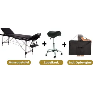 Alora Massagetafel Relax Budget + Alora Zadelkruk - Tabouret – Zwart/Chrome - Kruk – Kapperskruk - Max. Draagvermogen 250 Kg - 8 Hoogtestanden -