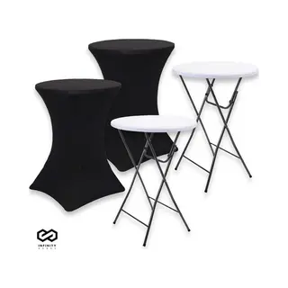 Brixy 2x Stevige Statafel + 2x Zwarte Statafelrok - Partytafel - Robuust En Weersbestendig - Inklapbaar - 80cm X 110cm - Feest - Wit/Zwart