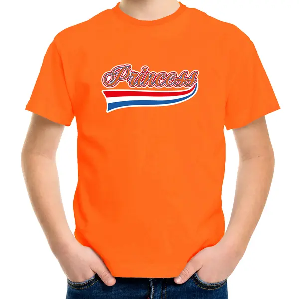 Bellatio Decorations Princess/ Prinses Sierlijke Wimpel T-shirt - Oranje - Kinderen - Koningsdag / Ek/Wk Outfit / Kleding 134/140 thumbnail