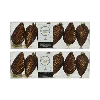 Decoris Kersthangers Dennenappels - 12x - Kaneel Bruin - Glitter - 8 Cm - Kunststof - Kerstversiering
