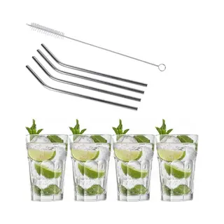 Royal Leerdam 4x Cocktailglazen / Mojito Glazen Transparant 410 Ml - Inclusief 4x Rvs Herbruikbare Rietjes