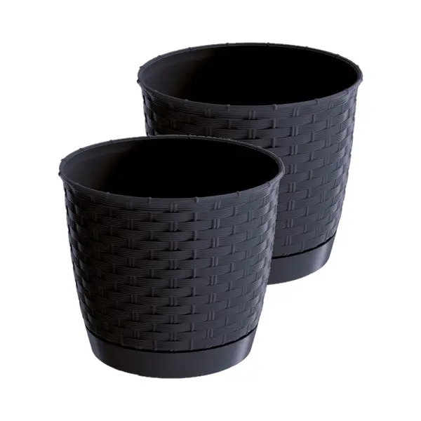 Prosperplast 2x Stuks Ronde Gevlochten Plantenpotten/bloempotten Kunststof Dia 25 Cm En Hoogte 22 Cm In Het Antraciet Grijs thumbnail