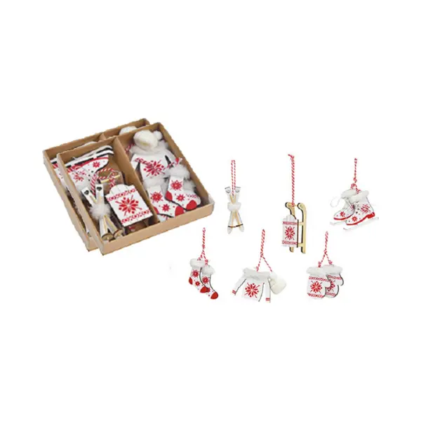 G. Wurm 12x Stuks Houten Kersthangers Wit/rood Wintersport Thema Kerstboomversiering - Kerstversiering Kerstornamenten thumbnail