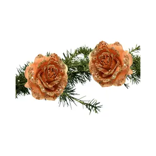 Decoris Kerstboom Bloemen Op Clip - 2x Stuks - Terra Bruin - Kunststof - 14 Cm