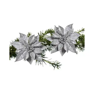 Cosy&Trendy Cosy & Trendy Kerstboomversiering - 2x - Bloem - Op Clip - Zilveren Kerstster - 18 Cm