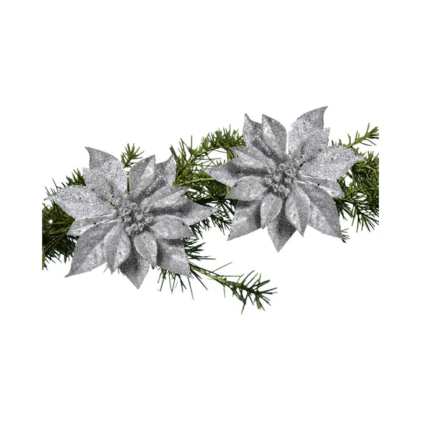 Cosy&Trendy Cosy & Trendy Kerstboomversiering - 2x - Bloem - Op Clip - Zilveren Kerstster - 18 Cm thumbnail