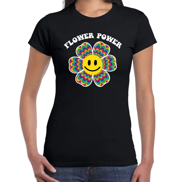 Bellatio Decorations Jaren 60 Flower Power Verkleed Shirt Zwart Met Psychedelische Emoticon Bloem Dames - Sixties/jaren 60 Kleding Xs thumbnail