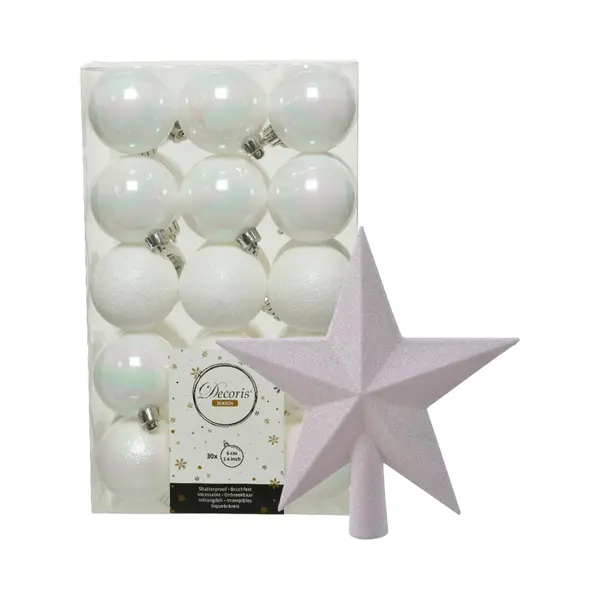 Decoris Kerstballen - 30x Stuks - Incl. Ster Piek - Parelmoer Wit - Kunststof thumbnail