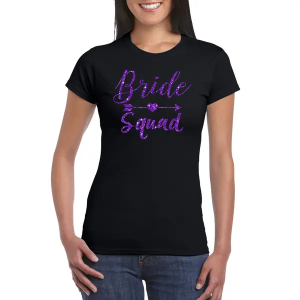 Bellatio Decorations Zwart Bride Squad T-shirt Met Paarse Glitters Dames - Vrijgezellen/Bachelor Feest S thumbnail